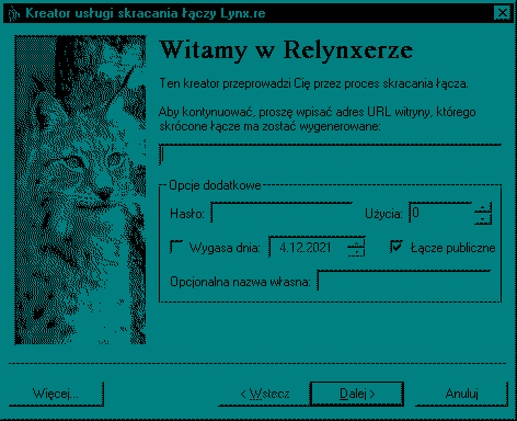 Okno kreatora programu Relynxer Okno kreatora programu Relynxer